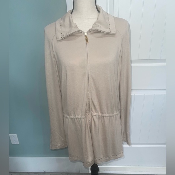 St. John Spa beige beaded metal detail zip up cinched waist jacket size small - Picture 1 of 8